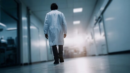 Fototapeta premium A scientist in a lab coat walks down a bright modern research hallway symbolizing dedication and progress