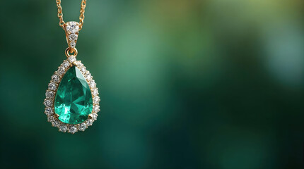 Elegant emerald jewel necklace with beautiful aesthetic. Precious diamond pendant on gold chain luxury piece of jewelry