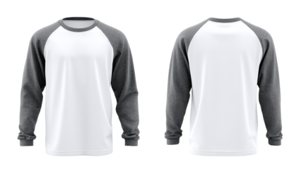 Two-sided view of a long-sleeve crew-neck tee shirt with colorblock raglan sleeves