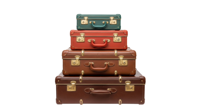 Isolated Stack of old leather suitcases for travel ready, journey concept, vacation theme