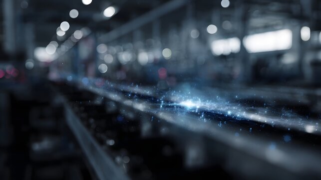 Futuristic industrial production line illuminated by glowing digital data streams symbolizing efficiency and automation