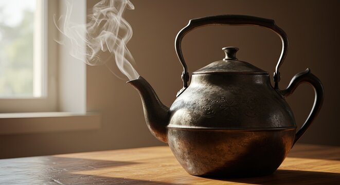 Vintage teapot steaming on wooden table in warm sunlight