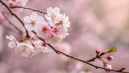 Delicate pink cherry blossoms bloom vibrantly on tree branches in soft spring light