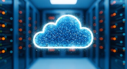 Futuristic glowing digital cloud hovering in a high-tech server room with blue lights representing data flow and network connectivity.
