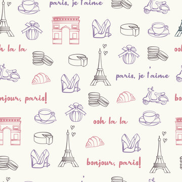 Paris travel seamless pattern. Vector doodle illustration. Parisian lifestyle background for textiles, wrapping paper, and stationery.