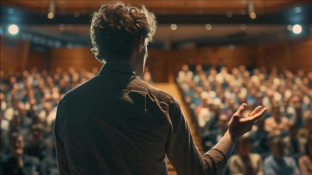 A man standing on a stage talking into a microphone in front of an attentive crowd seated in rows