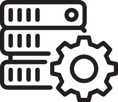 Server rack with gear icon representing data processing and configuration cogwheel settings