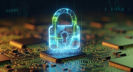 Futuristic holographic digital padlock glowing blue over circuit board representing cybersecurity data protection and network security