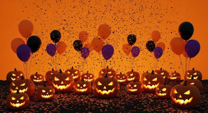 Spooky jack-o'-lanterns glowing with balloons and confetti for a festive Halloween party celebration with orange background glow