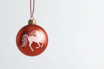 Red fire lira ornament symbol of 2026 in minimalist holiday decor, macro shot of festive bauble with white horse motif