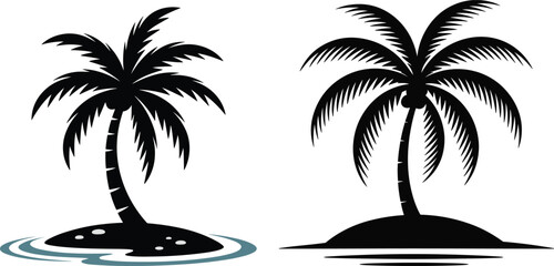 Tropical Palm Tree Island Vector Silhouette Set. Minimal Beach Palm Tree Illustration Collection.