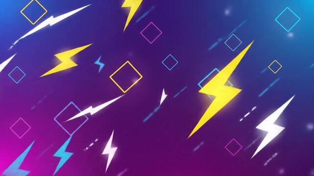 Dynamic abstract background with lightning bolts and geometric shapes on a gradient purple and blue backdrop.