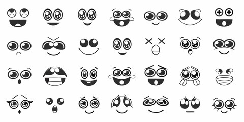 Collection of diverse cartoon face expressions and emotions in black and white vector art