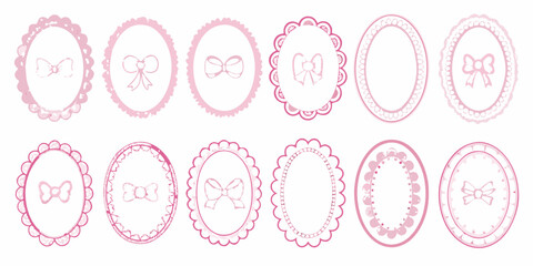 Collection of pink oval frames with decorative scalloped edges and bow embellishments