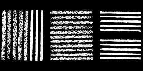 Three distinct sets of abstract white stripes with varying textures on a black background