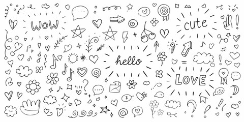 Collection of hand drawn doodle elements including hearts stars clouds flowers and text like hello love and cute