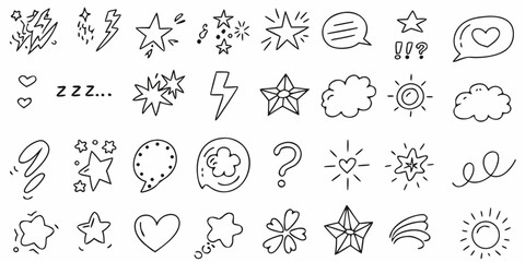 Collection of hand drawn doodle icons and symbols including stars lightning bolts clouds hearts and speech bubbles