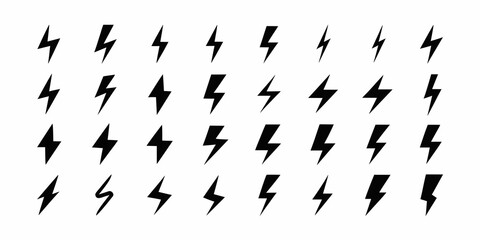 Collection of black lightning bolt icons and symbols on a white background representing energy and power