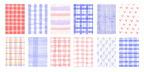 Collection of hand drawn pastel plaid and heart patterns for textile and design backgrounds
