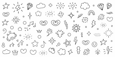 Collection of hand drawn doodle elements stars hearts clouds rainbow lightning bolts music notes and sparkles