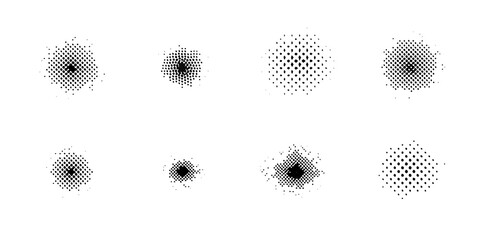 Collection of eight abstract black and white halftone dot patterns and textures on a white background