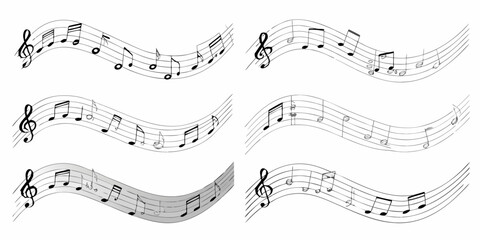 Collection of six wavy musical staffs with black and white notes and treble clefs