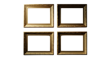 Set of Four Empty Gold Ornate Picture Frames isolated PNG with Transparent Background