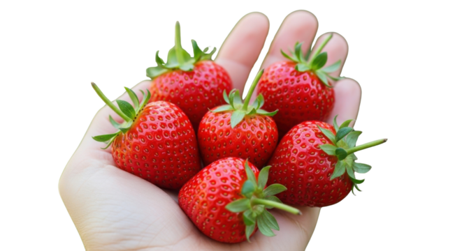 Hand holding ripe strawberries on white background
