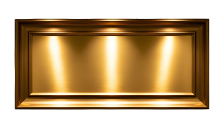 Luxury gold rectangular display frame or empty illuminated showcase isolated on white background