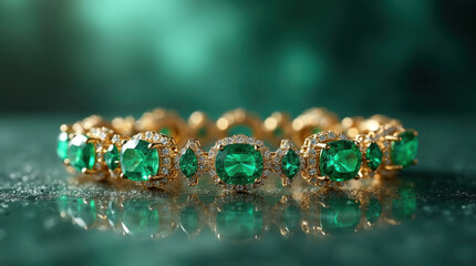 Elegant gold bracelet with stunning emerald jewel. This luxury fashion accessory has classic rich green aesthetic