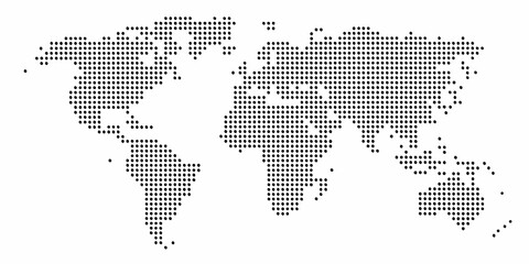 Abstract world map composed of black dots on a white background representing global connections and data points