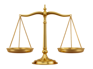 Antique brass balance scales of justice symbol of law and fairness isolated on transparent background