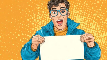 Surprised Young Man with Glasses Holding Blank Board for Text In Retro Comic Pop Art Style Poster Background. Video - Powered by Adobe