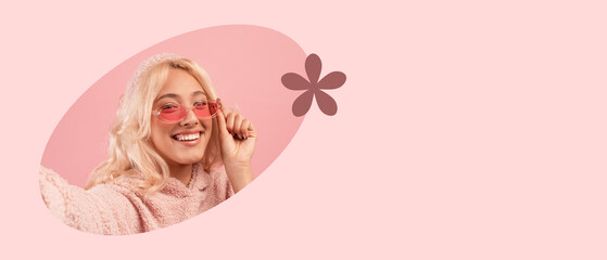 A young woman with blonde hair poses with pink sunglasses, smiling and taking a selfie. She wears a soft sweater and is set against a light pink background with flower accents.