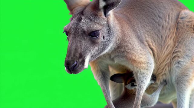 Close up of a mother kangaroo with joey in pouch on green screen.