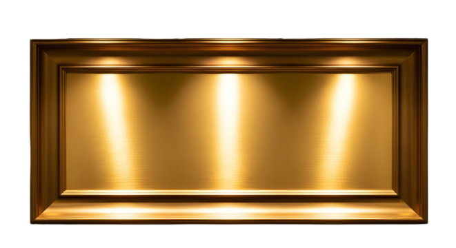 Luxury gold rectangular display frame or empty illuminated showcase isolated on white background