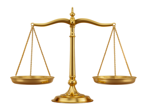 Antique brass balance scales of justice symbol of law and fairness isolated on transparent background
