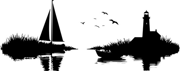 Obraz premium lighthouse silhouette vector illustration, ship, silhouette, boat, vector, sea, illustration, transportation, city, travel, icon, black, sail, nautical, vessel, sailboat, bridge, water, set, ocean, ar