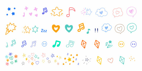 Collection of cute hand drawn doodle icons featuring stars hearts music notes flowers and clouds