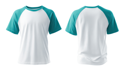 Front and back view of a white tee shirt with teal sleeves and neckline