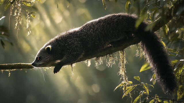 A tree-dwelling mammal traverses a mossy branch, captured in soft natural light to show movement and texture.