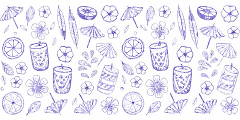 Hand drawn purple tropical summer vacation elements including drinks citrus slices flowers leaves and umbrellas