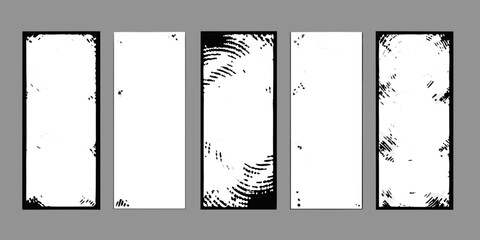 Abstract black and white textured vertical panels with fingerprint patterns and grunge effects