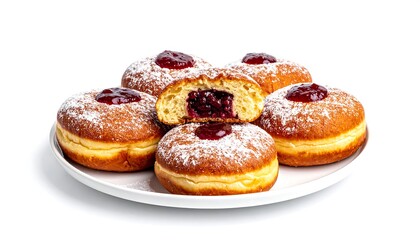 Fototapeta premium Plate of round pastries filled with jam, dusted with sugar