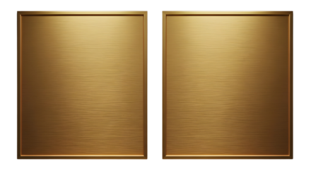 Two luxury blank gold brushed metal plaques or display frames isolated on white background