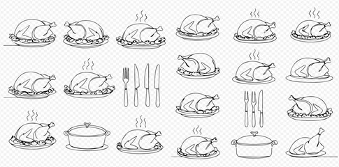 Illustration of roasted chickens, cookware, and cutlery in a line art style.
