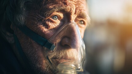 COPD Awareness Month. Elderly man with oxygen mask, warm daylight portrait