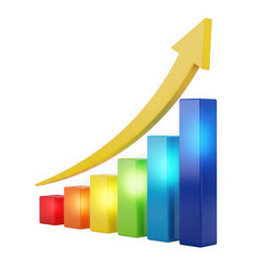 Colorful bar graph with ascending yellow arrow showing growth isolated on a transparent background