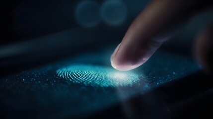 A finger is scanning a glowing fingerprint on a digital interface for security and authentication