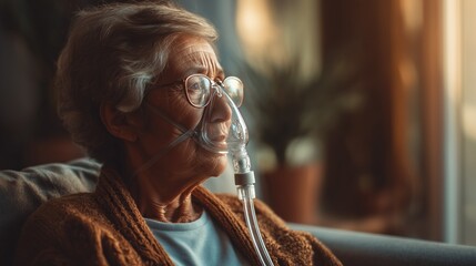 COPD Awareness Month. Elderly woman using an oxygen mask at home, sitting in a cozy living room, warm natural light